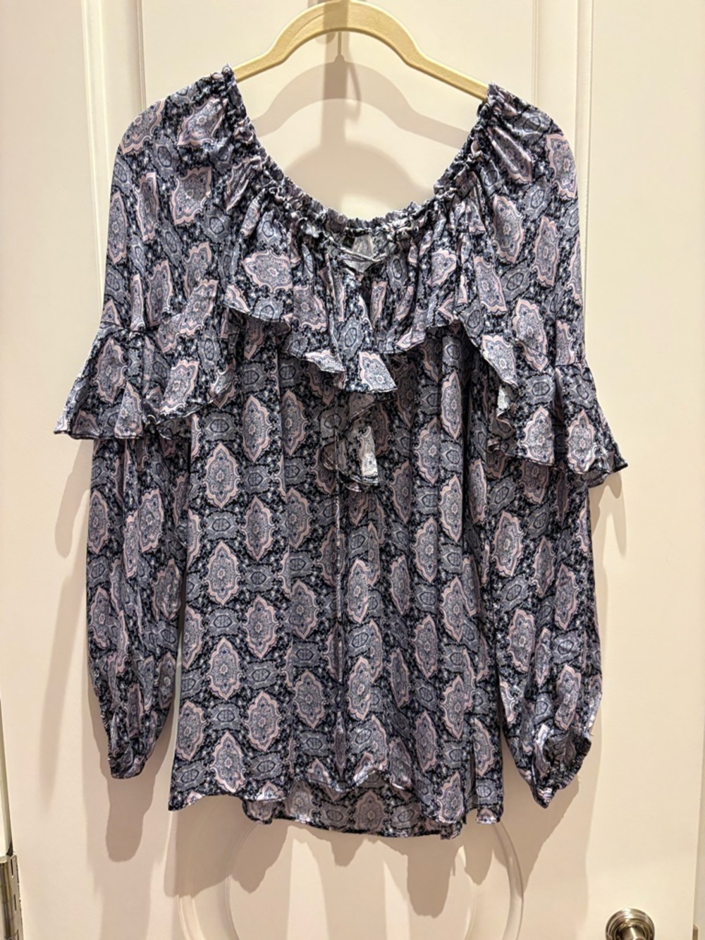 Kobi Halperin Navy and Light Pink Paisley Ruffle Blouse